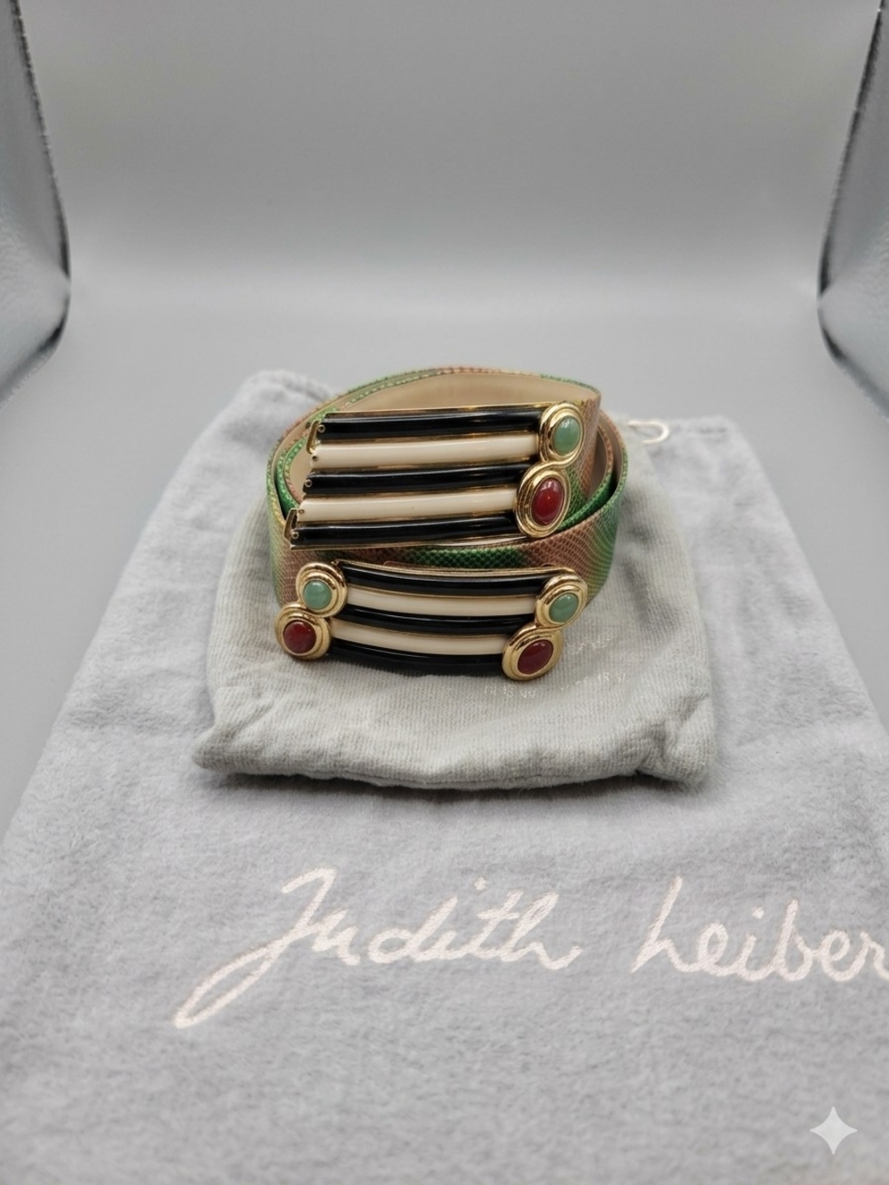 Judith Leiber Lizard Skin Belt Rare MultiColor Green Orange Cabochon Buckle